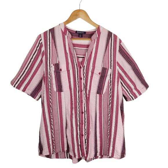 Roaman's Tops - Roaman's Women's Seersucker 100% Cotton Short Sleeve Striped Shirt Pink Size 20W